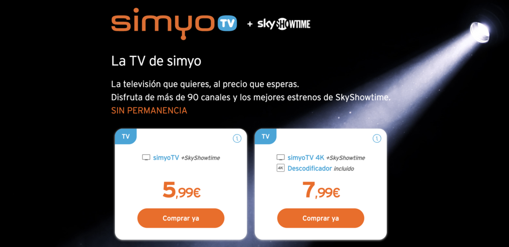 Infografía promocional de Simyo TV con SkyShowtime que muestra dos tarifas de suscripción sin permanencia sobre un fondo oscuro iluminado por un foco.