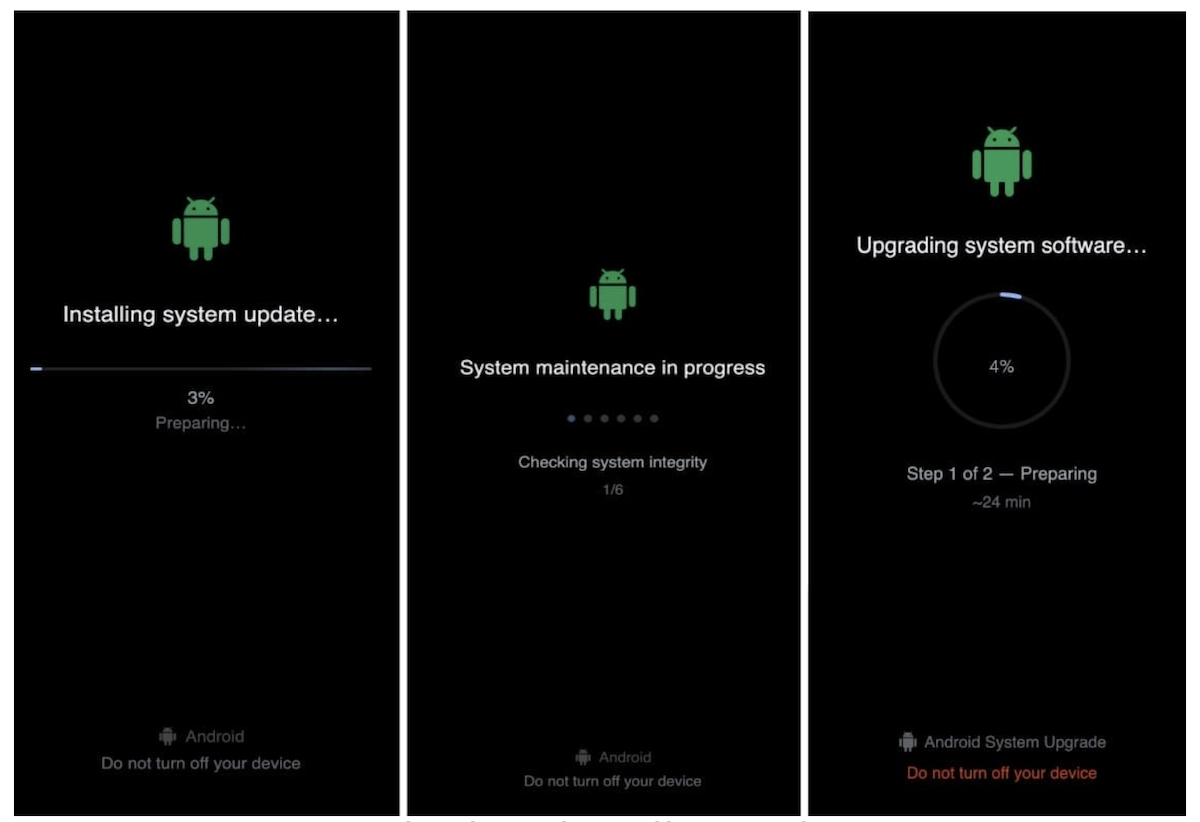 Pantalla de actualización de sistema falsa en Android, superpuesta por el malware ToxicPanda 2.0 para ocultar sus acciones en segundo plano