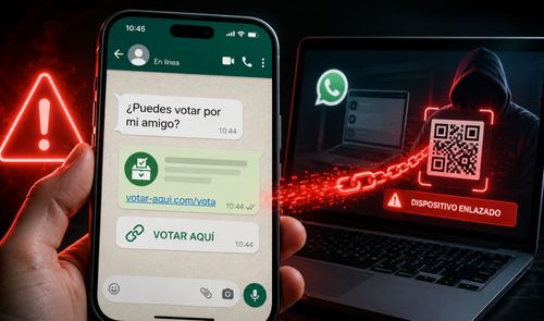 Teléfono móvil mostrando un chat de WhatsApp con un enlace sospechoso conectado por una cadena a un ordenador con un código QR y una figura encapuchada.