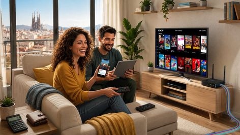 Pareja con DIGI TV en su pantalla