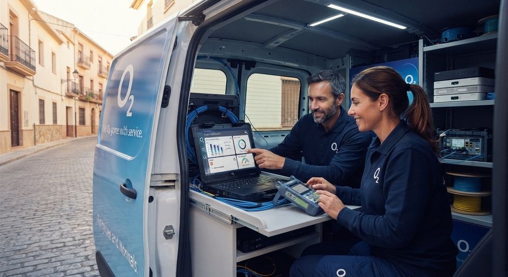 Dos técnicos de O2 trabajan con equipos de medición y un ordenador portátil en el interior de una furgoneta de servicio estacionada en una calle.