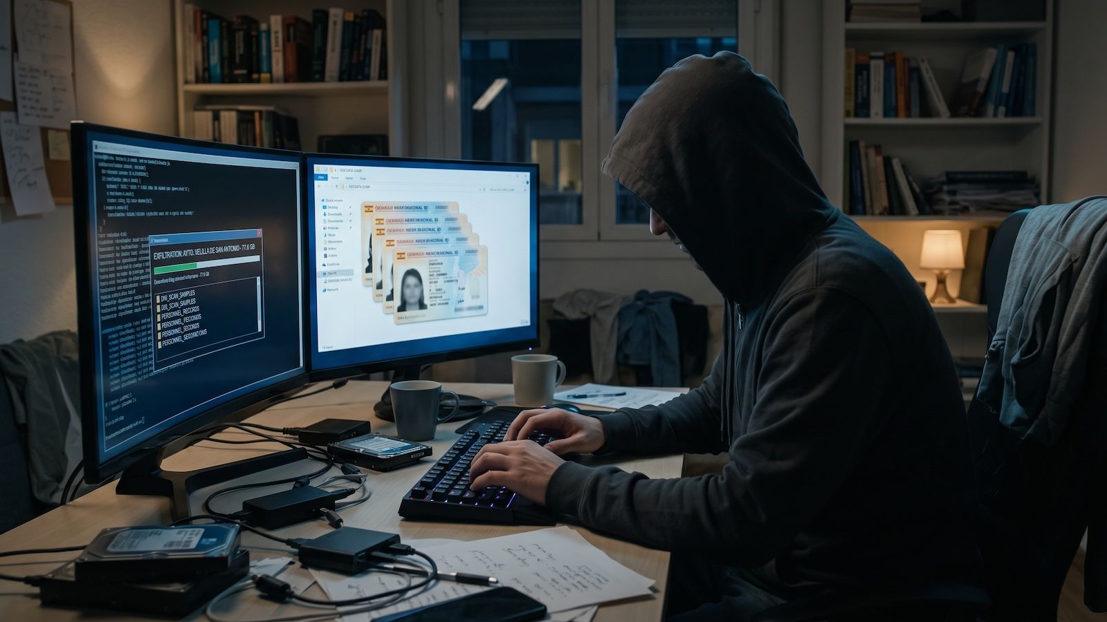 Persona con capucha frente a dos monitores que muestran líneas de código y documentos de identidad españoles digitales.