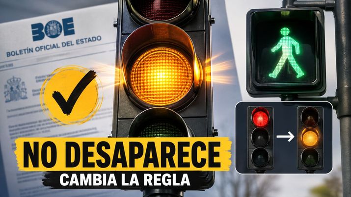 Composición informativa sobre normativas de tráfico con semáforo en ámbar, silueta de peatón en verde y documento del BOE.