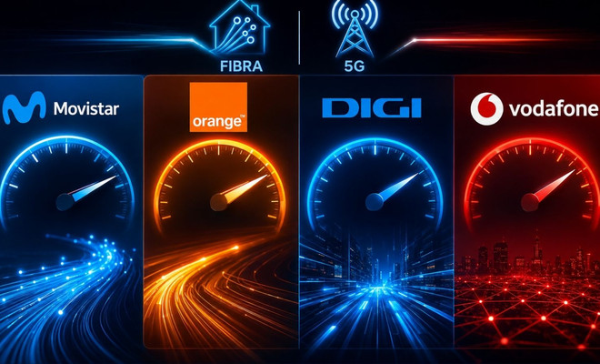 Infografía comparativa de velocidad de fibra y 5G entre Movistar, Orange, Digi y Vodafone con velocímetros iluminados.