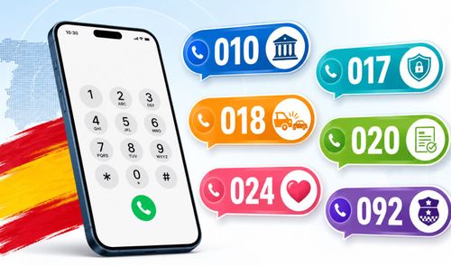 Ilustración de un teléfono móvil con el teclado numérico junto a burbujas de colores que muestran números de información y emergencias en España.
