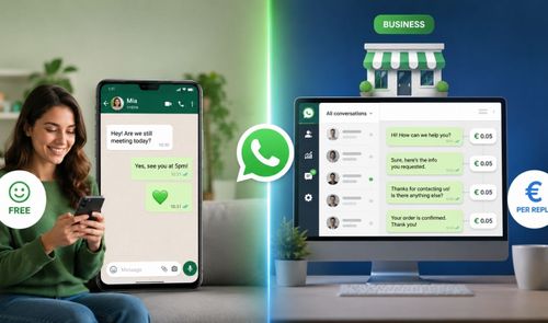 Comparativa visual entre el uso personal gratuito de WhatsApp y el coste por respuesta de la versión Business en ordenador.