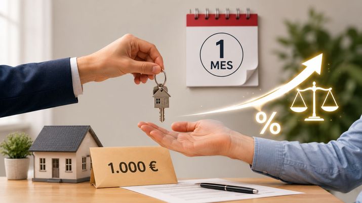 Entrega de llaves de una vivienda sobre una mesa de oficina con elementos gráficos que representan tipos de interés, justicia y plazos temporales.