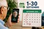 Hombre mayor realizando un proceso de verificación de fe de vida con su móvil junto a un calendario de septiembre de 2026 y un documento de la Seguridad Social.