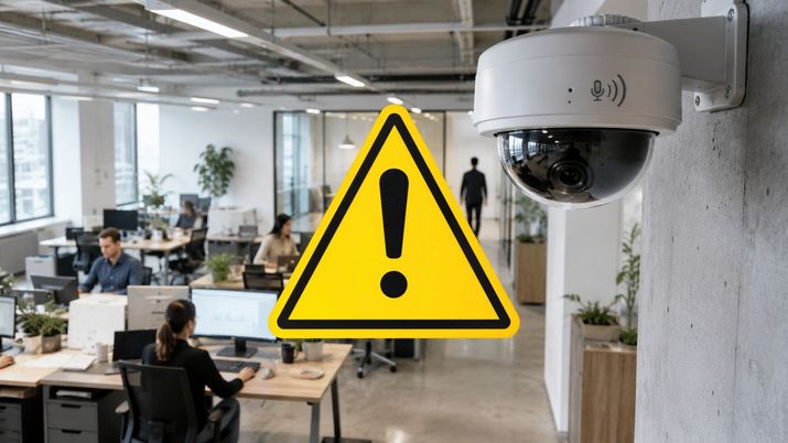 Cámara de vigilancia tipo domo instalada en una oficina con un icono de advertencia superpuesto.