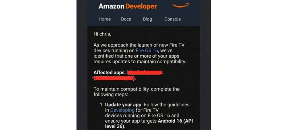 Mensaje enviado por Amazon a los desarrolladores