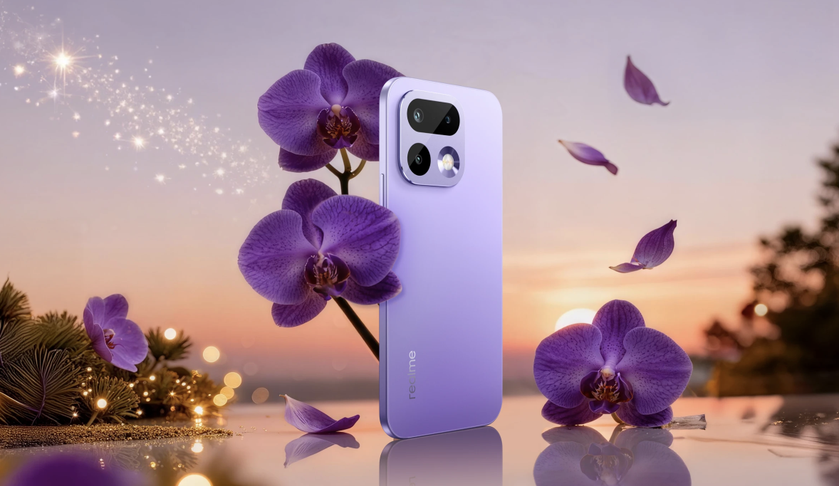 Parte trasera del realme 16 Pro en color violeta rodeado de orquídeas y pétalos al atardecer.