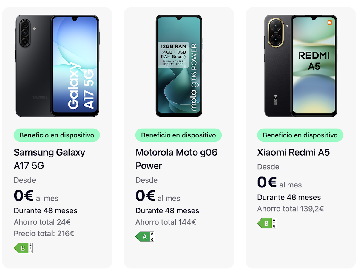 Captura de pantalla de la página web de O2 mostrando la promoción de móviles desde 0 euros al mes con la etiqueta Beneficio en dispositivo