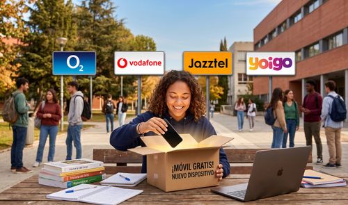 Collage conceptual mostrando un smartphone, una mochila y material escolar, representando las ofertas de móviles para la vuelta al cole 2026 de operadoras como O2 y Vodafone