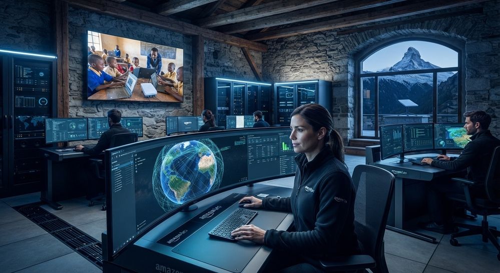 Operarios en un centro de control con pantallas panorámicas que muestran gráficos globales y una conexión por satélite en una sala con paredes de piedra.