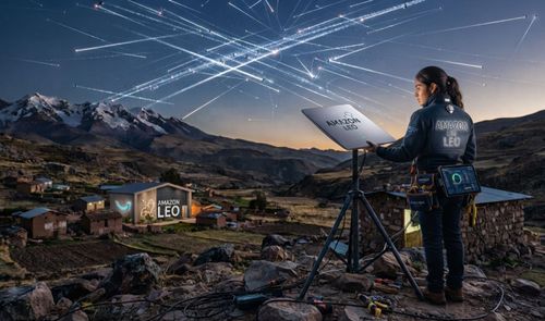 Técnica instalando una antena de Amazon LEO en una zona rural de montaña bajo un cielo con trazas de satélites.