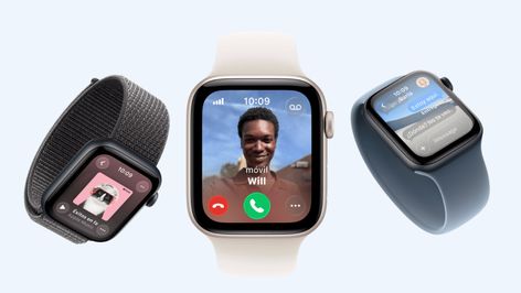 Tres unidades de Apple Watch SE 3 en diferentes acabados y correas mostrando funciones de llamada, música y mensajes.