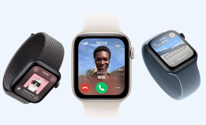 Tres unidades de Apple Watch SE 3 en diferentes acabados y correas mostrando funciones de llamada, música y mensajes.