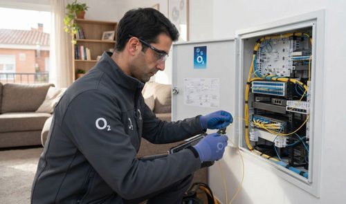 Técnico de O2 manipulando cables de fibra óptica en un registro de comunicaciones doméstico.