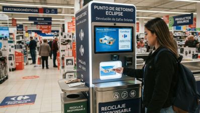 Mujer joven utilizando un tótem de reciclaje de Carrefour para devolver gafas solares de observación de eclipse.