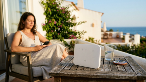 Chica en la playa usando el móvil con router de Vodafone