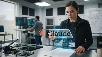 Mujer en un laboratorio tecnológico trabajando con una interfaz transparente sobre un documento con el logotipo de Claude superpuesto.