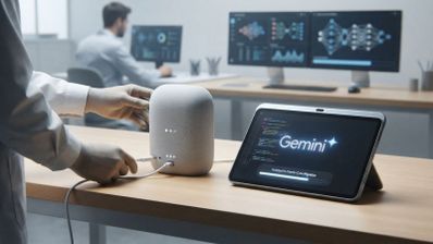 Persona conectando un cable a un altavoz inteligente junto a una tablet que muestra el logotipo de Google Gemini en un entorno de oficina técnica.