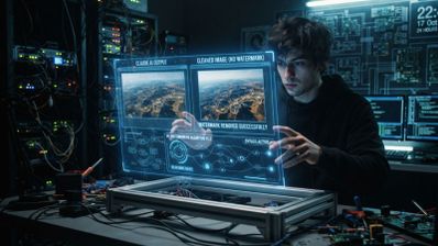Usuario interactuando con una interfaz holográfica en un laboratorio informático para eliminar marcas de agua en imágenes mediante inteligencia artificial.