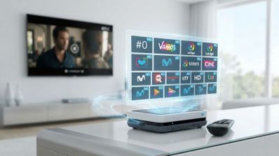 Descodificador de Movistar sobre un mueble blanco proyectando una interfaz digital con logotipos de canales de televisión en un salón.