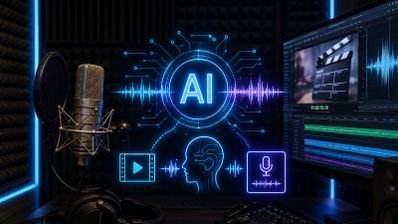 Micrófono de estudio profesional junto a una pantalla con software de edición y gráficos luminosos de inteligencia artificial.