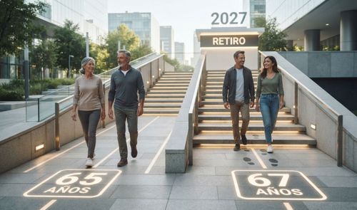 Parejas caminando por distintos niveles de una escalera hacia una zona de retiro con las edades de 65 y 67 años iluminadas en el suelo.