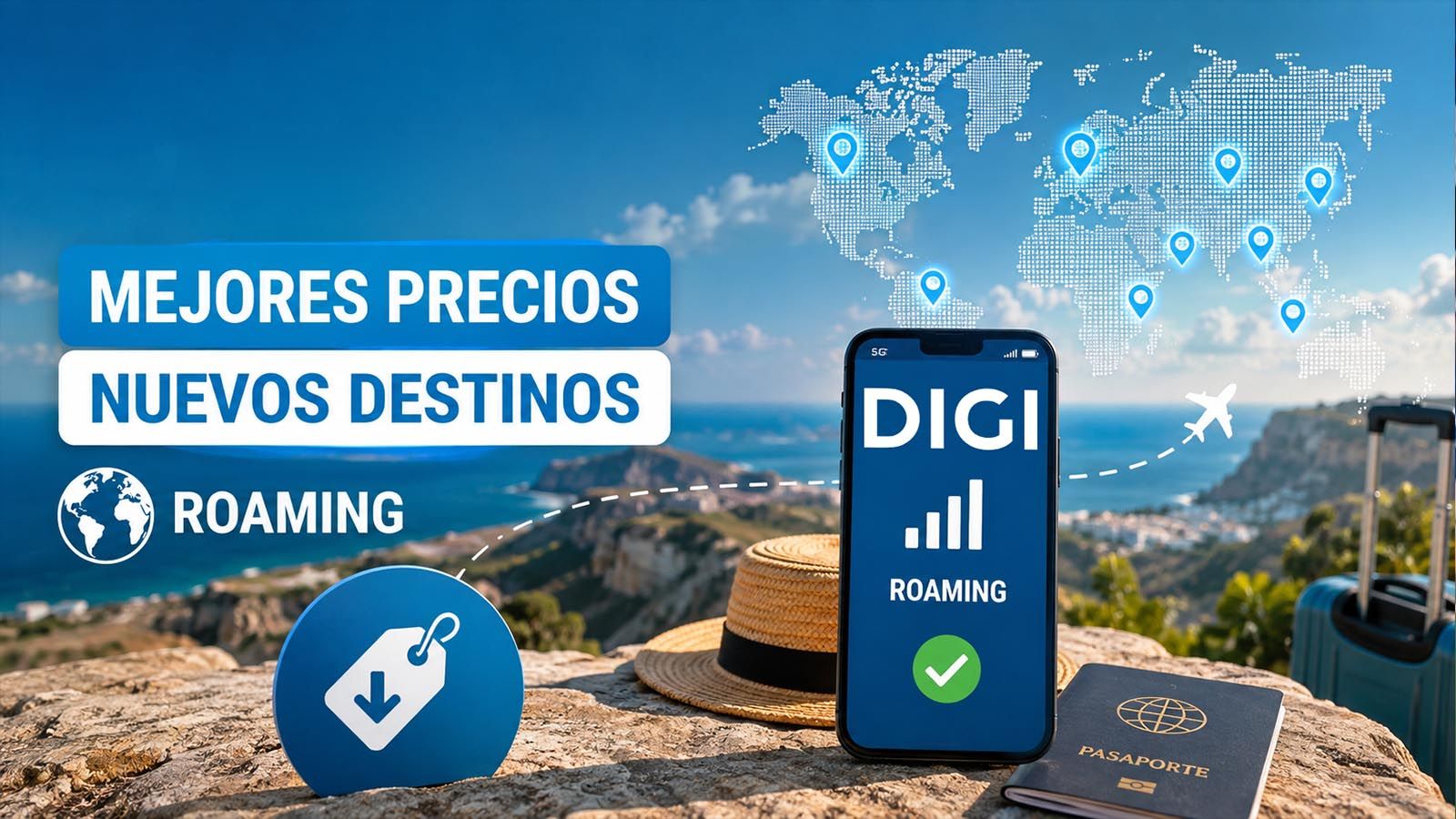 Smartphone con el logotipo de Digi y aviso de roaming sobre un paisaje costero con pasaporte y maleta.