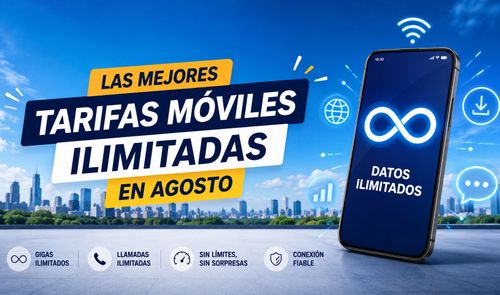 Infografía sobre ofertas de telefonía con un smartphone que muestra el símbolo de infinito y texto sobre tarifas ilimitadas.