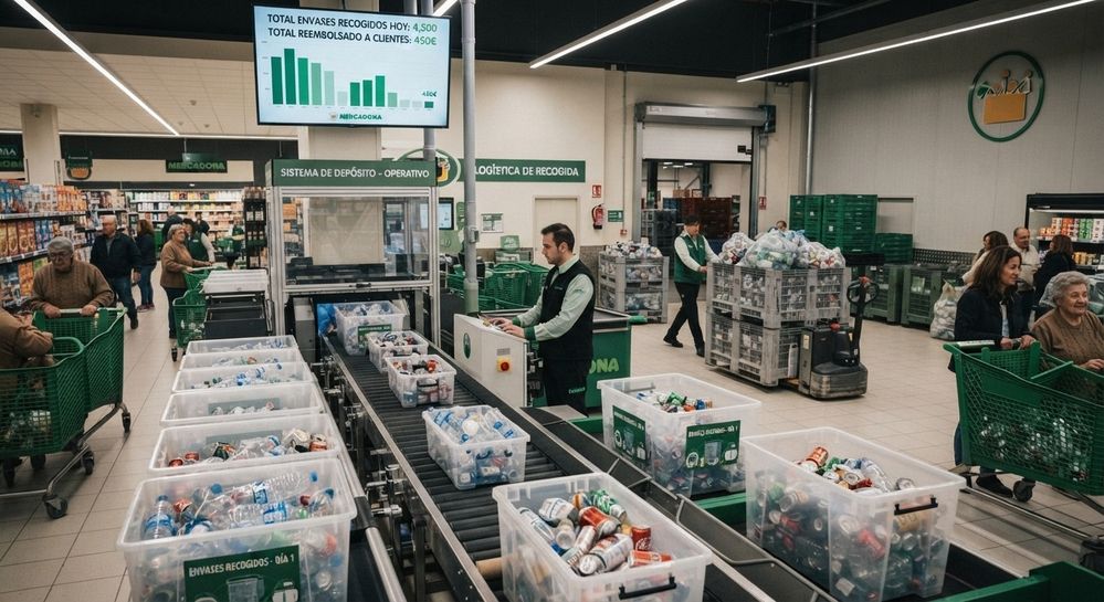Operario gestionando una cinta transportadora con cajas llenas de envases de plástico para reciclar en un supermercado Mercadona.