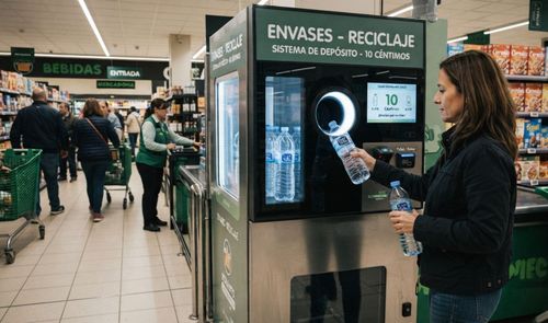 Una mujer introduce una botella de plástico en una máquina de reciclaje de envases en un supermercado Mercadona.