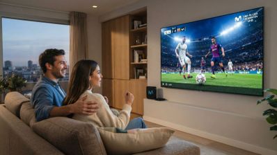 Pareja en un salón viendo un partido de fútbol en una televisión de gran formato con el descodificador de Movistar al lado.