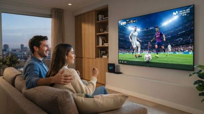 Pareja en un salón viendo un partido de fútbol en una televisión de gran formato con el descodificador de Movistar al lado.