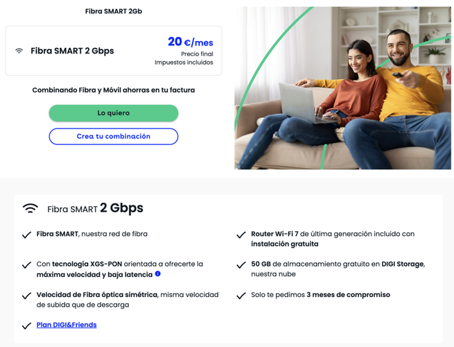Detalle de la oferta Fibra SMART 2 Gbps de DIGI con precio mensual y características del servicio.