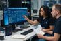 Técnicos de O2 analizando gráficas de rendimiento y validación en un monitor profesional junto a un router de la marca.