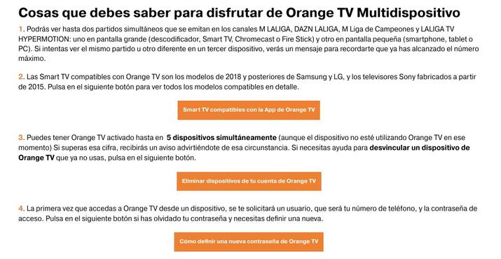 Infografía con instrucciones y condiciones de uso del servicio Orange TV Multidispositivo.