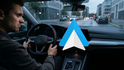 Conductor preocupado frente a la pantalla del coche con el logo de Android Auto superpuesto.