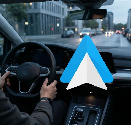 Conductor preocupado frente a la pantalla del coche con el logo de Android Auto superpuesto.