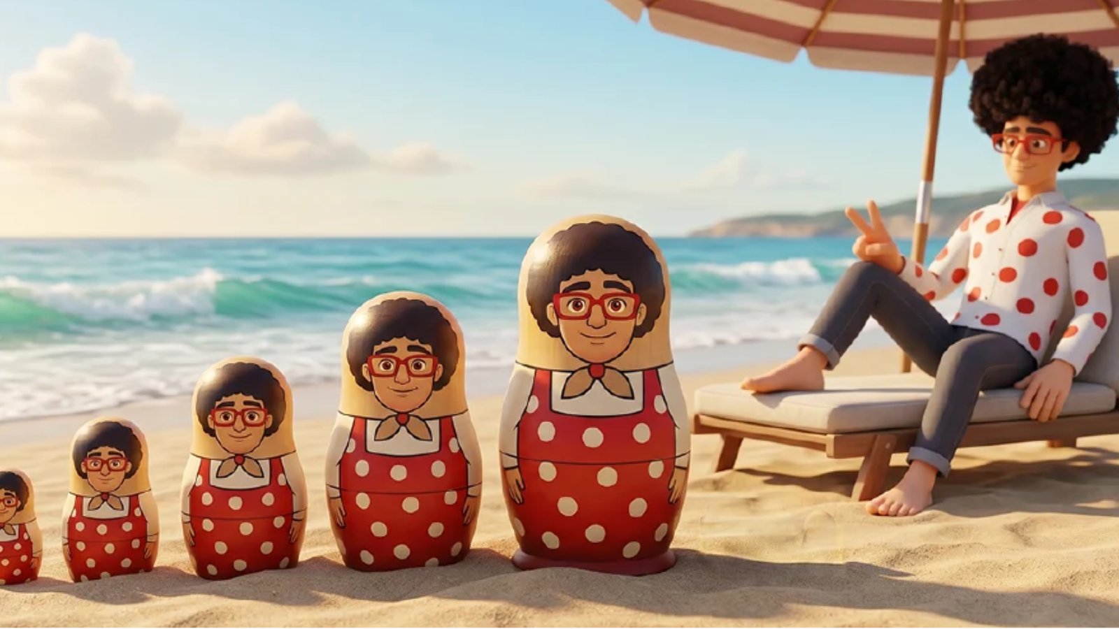 Pepe en la playa con matrioskas