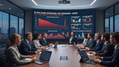 Grupo de ejecutivos en una sala de reuniones analizando gráficas de costes operativos en una pantalla gigante de alta resolución.