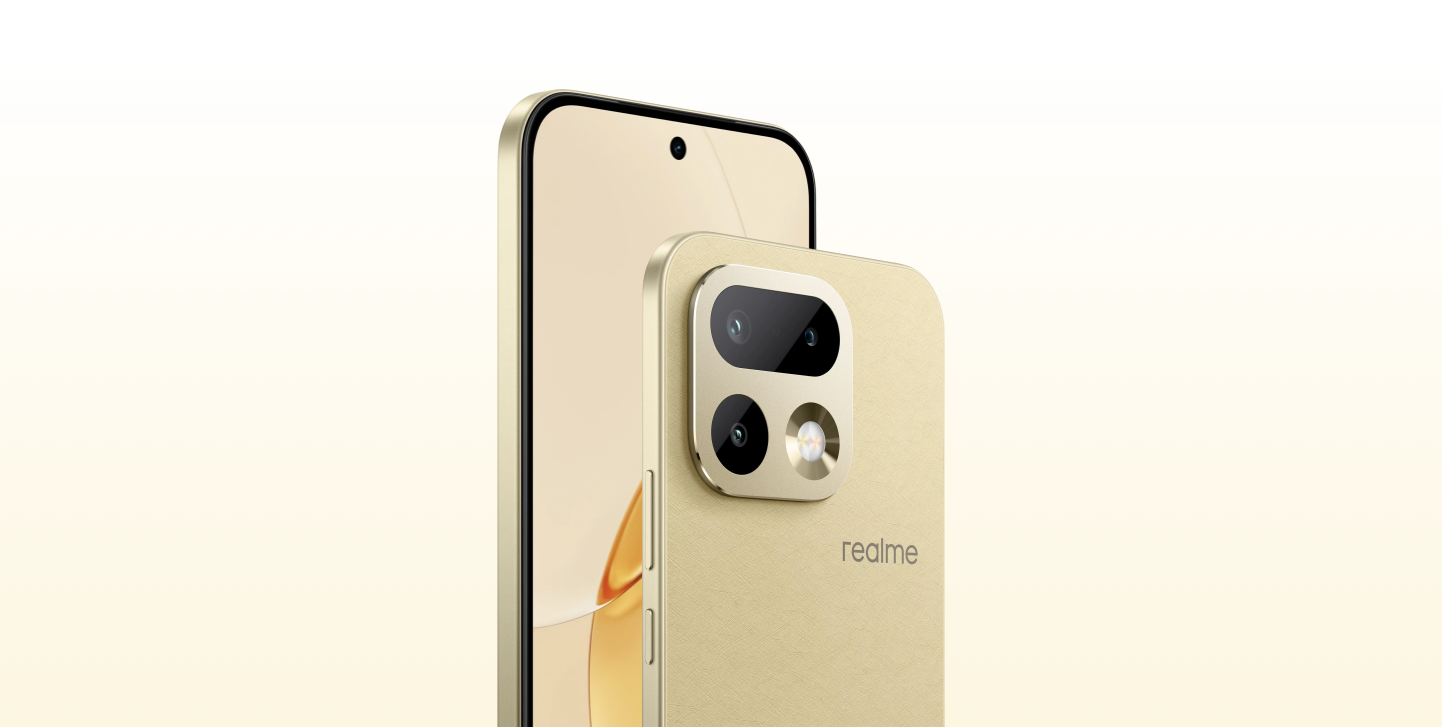 Frontal y trasera del realme 16 Pro en color dorado mostrando la cámara frontal perforada y el módulo fotográfico cuadrado.