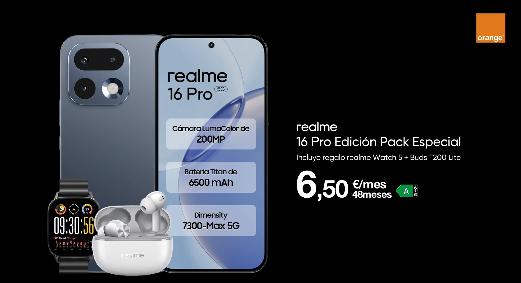 Promoción de Orange para el realme 16 Pro con pack de accesorios que incluye smartwatch y auriculares.