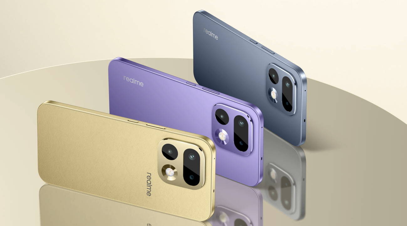 Tres terminales realme 16 Pro en colores dorado, violeta y azul dispuestos en diagonal sobre una superficie reflectante.