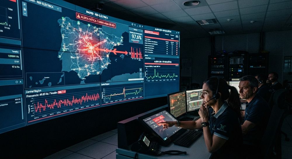 Operarios en un centro de control monitorizando un mapa de la península ibérica con alertas críticas en la red eléctrica.