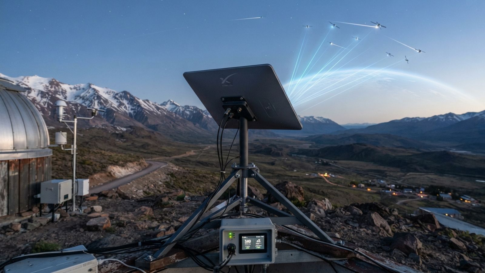 Antena parabólica de Starlink instalada en una zona de alta montaña conectándose con satélites en el cielo nocturno.