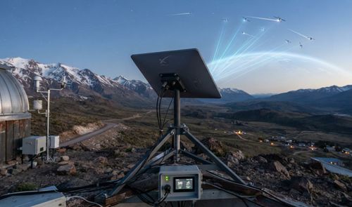 Antena parabólica de Starlink instalada en una zona de alta montaña conectándose con satélites en el cielo nocturno.