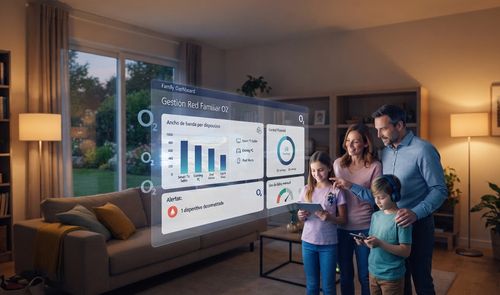 Interfaz virtual flotante de gestión de red familiar O2 frente a una familia en su salón.
